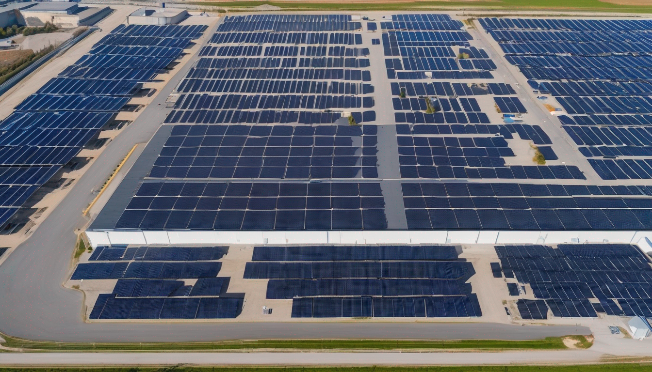 Impianto fotovoltaico industriale su tetto — vista aerea